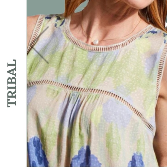Tribal Blouse Sleeveless Ladder Lace Watercolor Print Blue Green Wild Lime  XS - Picture 3 of 9